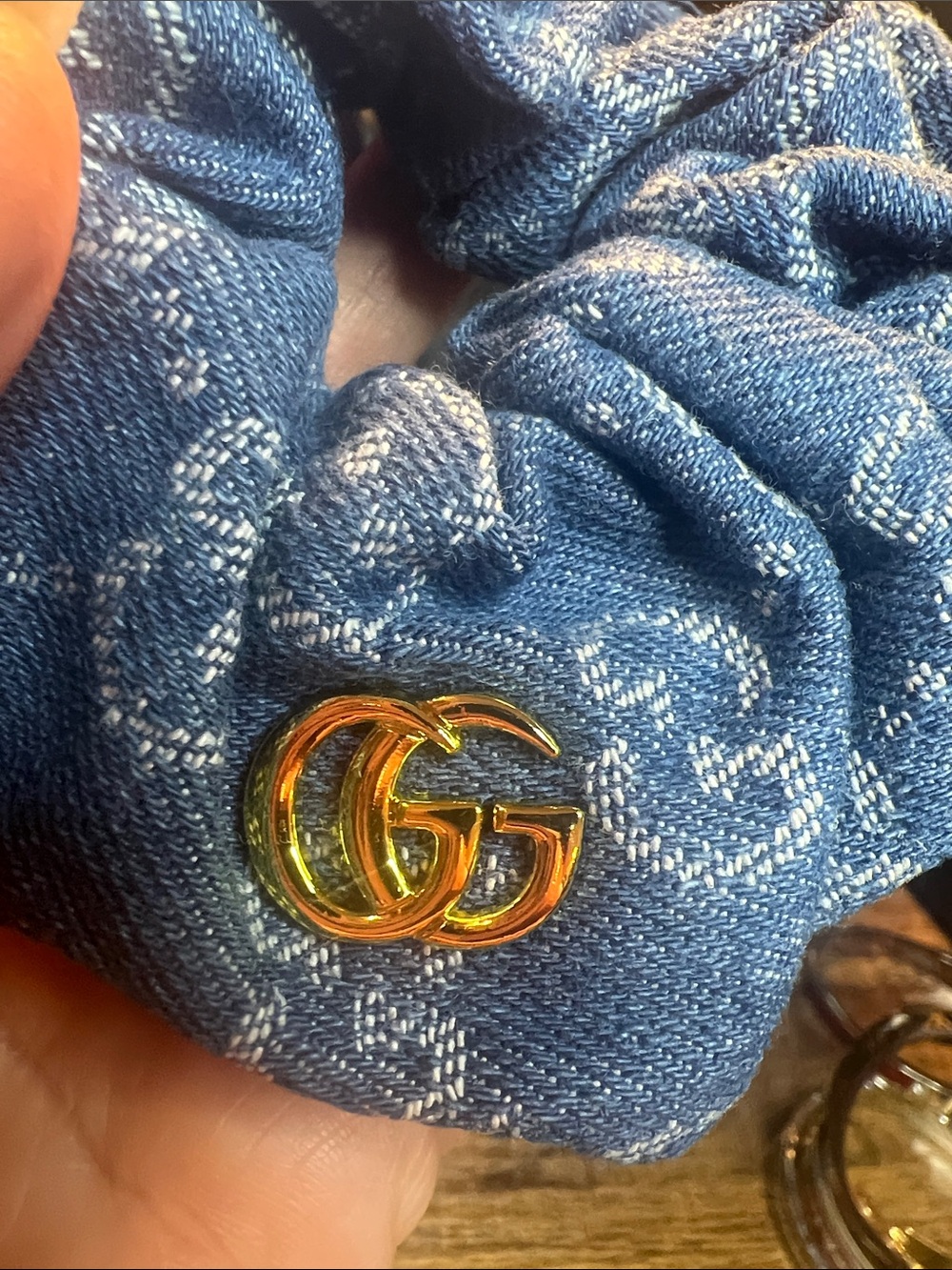Blue Denim Logo Scrunchie with Gold Double-G Accent - Picture 2 of 4